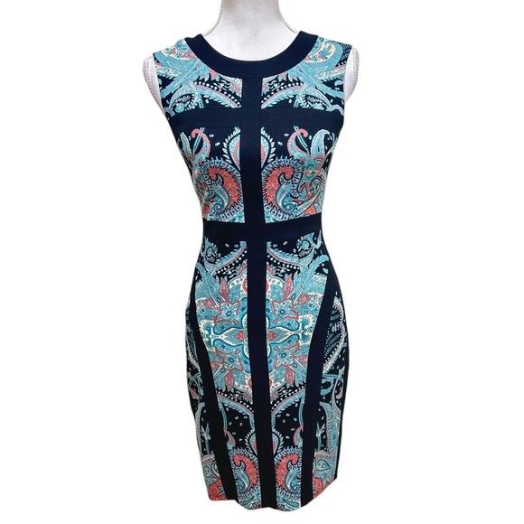 BCBGMaxAzria Tahiti Black, Blue, pink lined sleeveless Paisley sheath Dress sz 2 - Picture 2 of 10